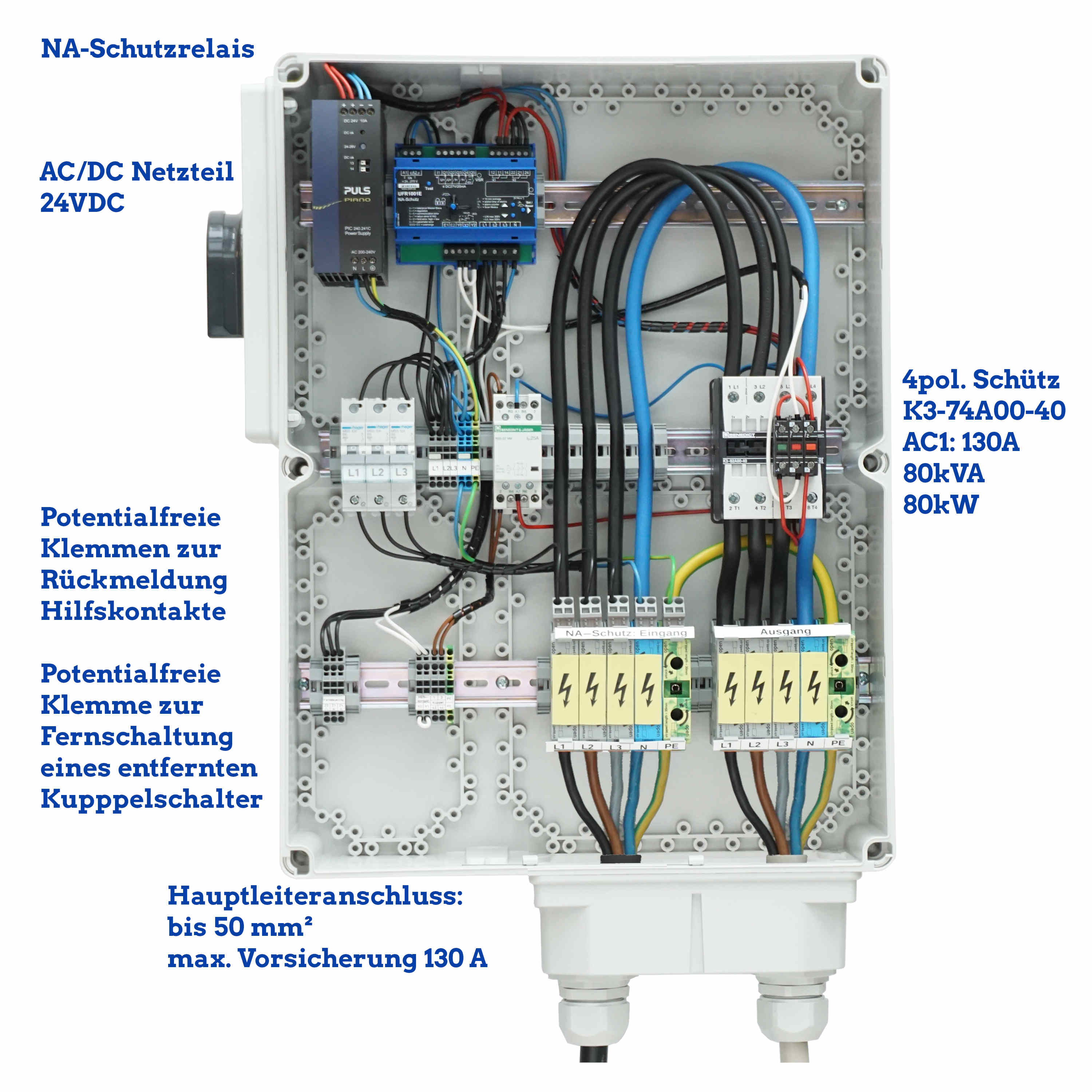 NA-Schutz 80 kW 80 kVA 130 A mit 1 Schütze und Erweiterung zu externen Kuppelschalter