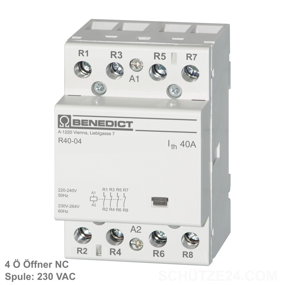 Installationsschütze R40-04 mit 230Volt-AC Spule, 4 Öffner